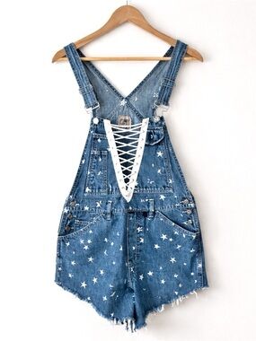 LF Furst of a Kind Vintage Reworked CK Denim Short Overalls Celestial Stars Sz S